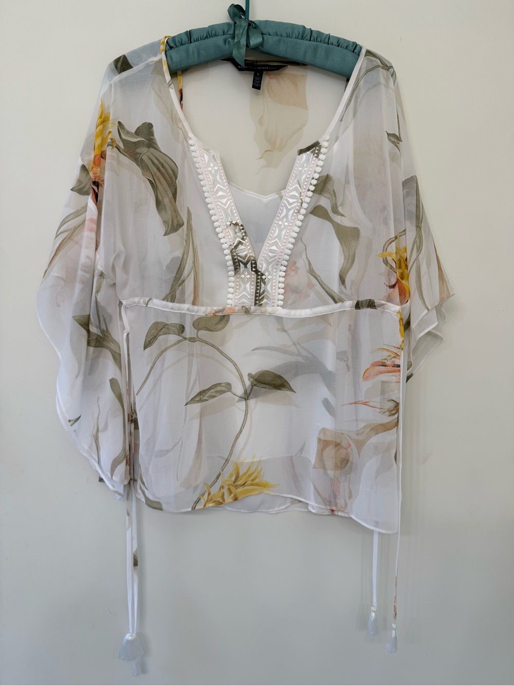 White House Black Market Sheer White Floral V-Neck Tunic with Embellished Trim